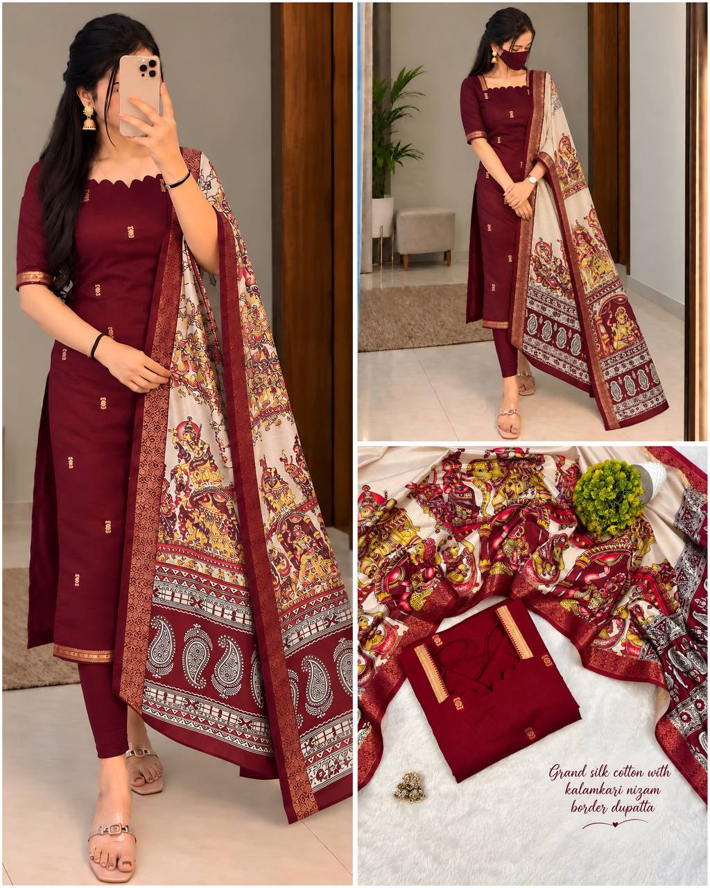 Mangalagiri Butta Silk Cotton Top Set with Chennuri Silk Kalamkari Dupatta