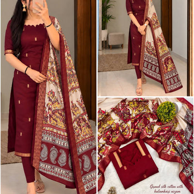 Mangalagiri Butta Silk Cotton Top Set with Chennuri Silk Kalamkari Dupatta