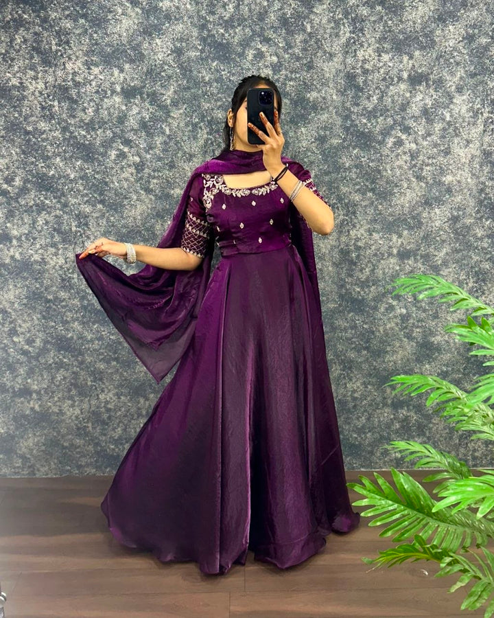 Premium Embroidery Sequence Gown with Dupatta