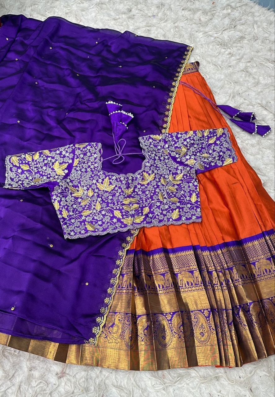 Premium Kanchipattu Silk Half Saree – Rangoli Silk Designer Blouse & Dupatta