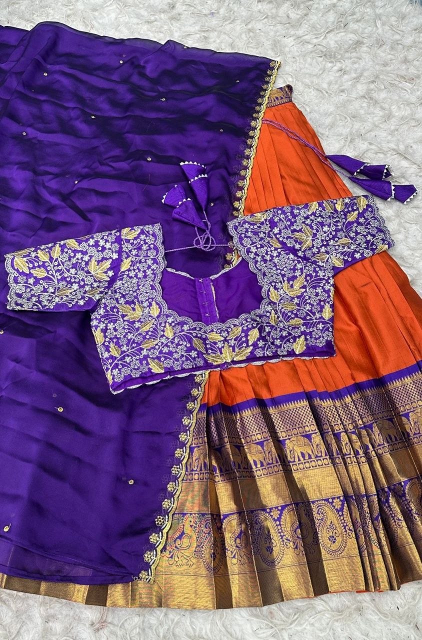 Premium Kanchipattu Silk Half Saree – Rangoli Silk Designer Blouse & Dupatta