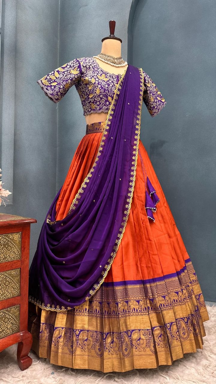 Premium Kanchipattu Silk Half Saree – Rangoli Silk Designer Blouse & Dupatta