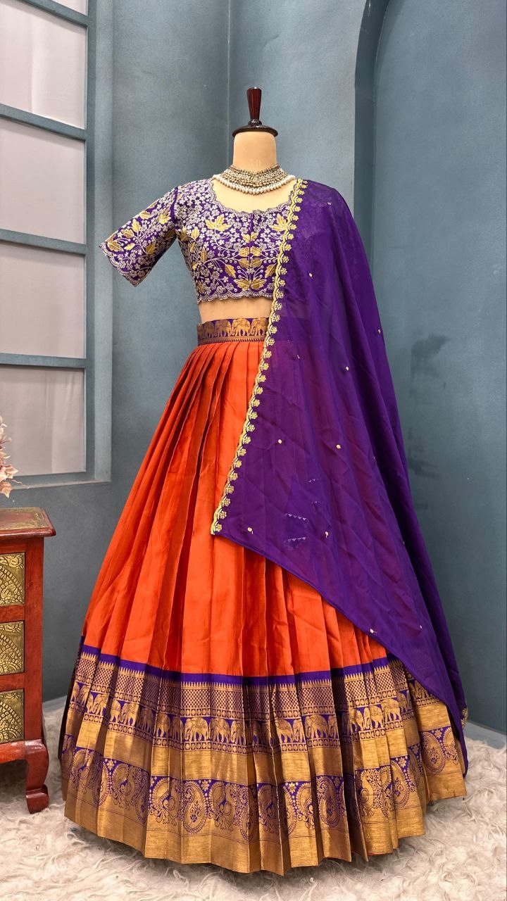 Premium Kanchipattu Silk Half Saree – Rangoli Silk Designer Blouse & Dupatta