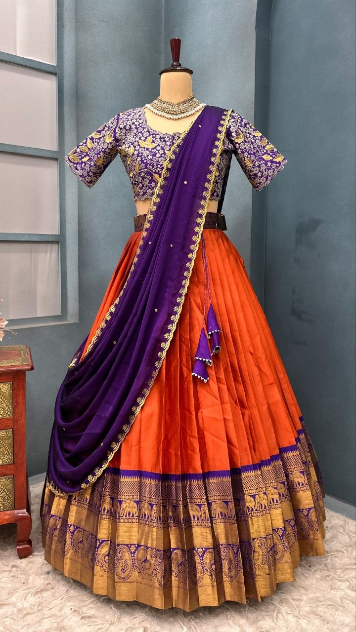 Premium Kanchipattu Silk Half Saree – Rangoli Silk Designer Blouse & Dupatta