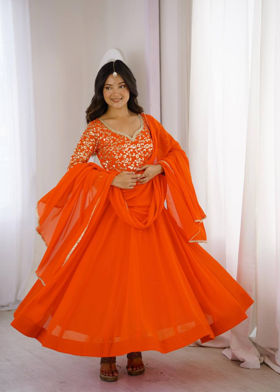 Elegant Georgette Sequins Embroidery Gown Set with Dupatta & Pants