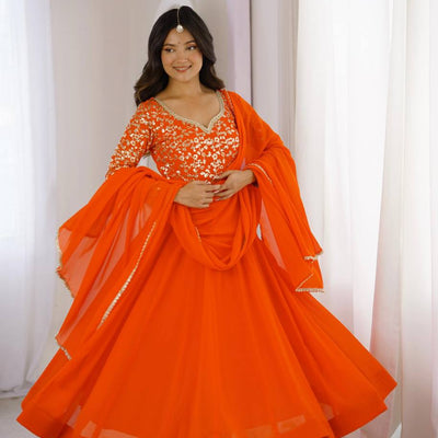 Elegant Georgette Sequins Embroidery Gown Set with Dupatta & Pants