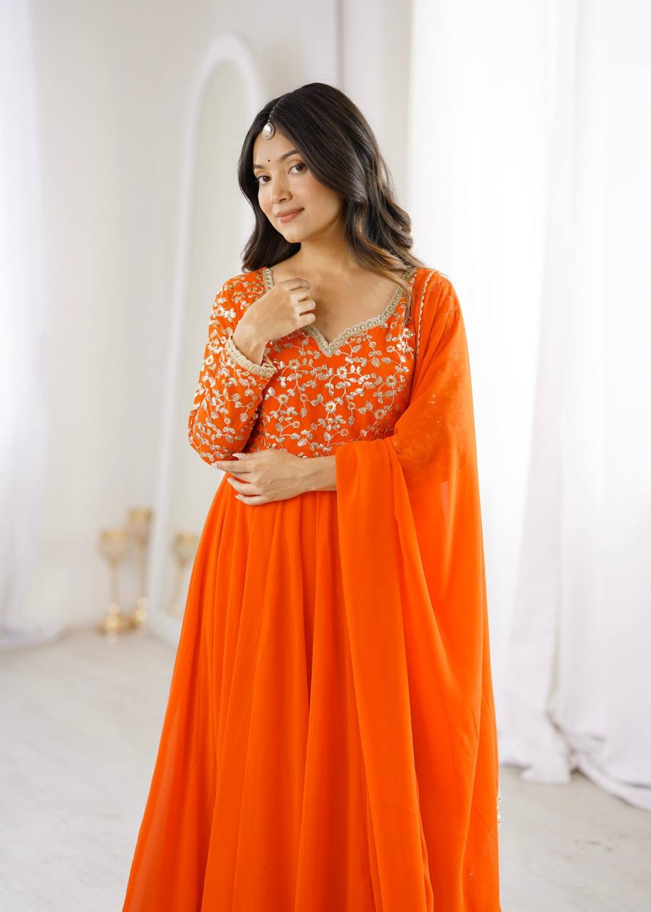 Elegant Georgette Sequins Embroidery Gown Set with Dupatta & Pants