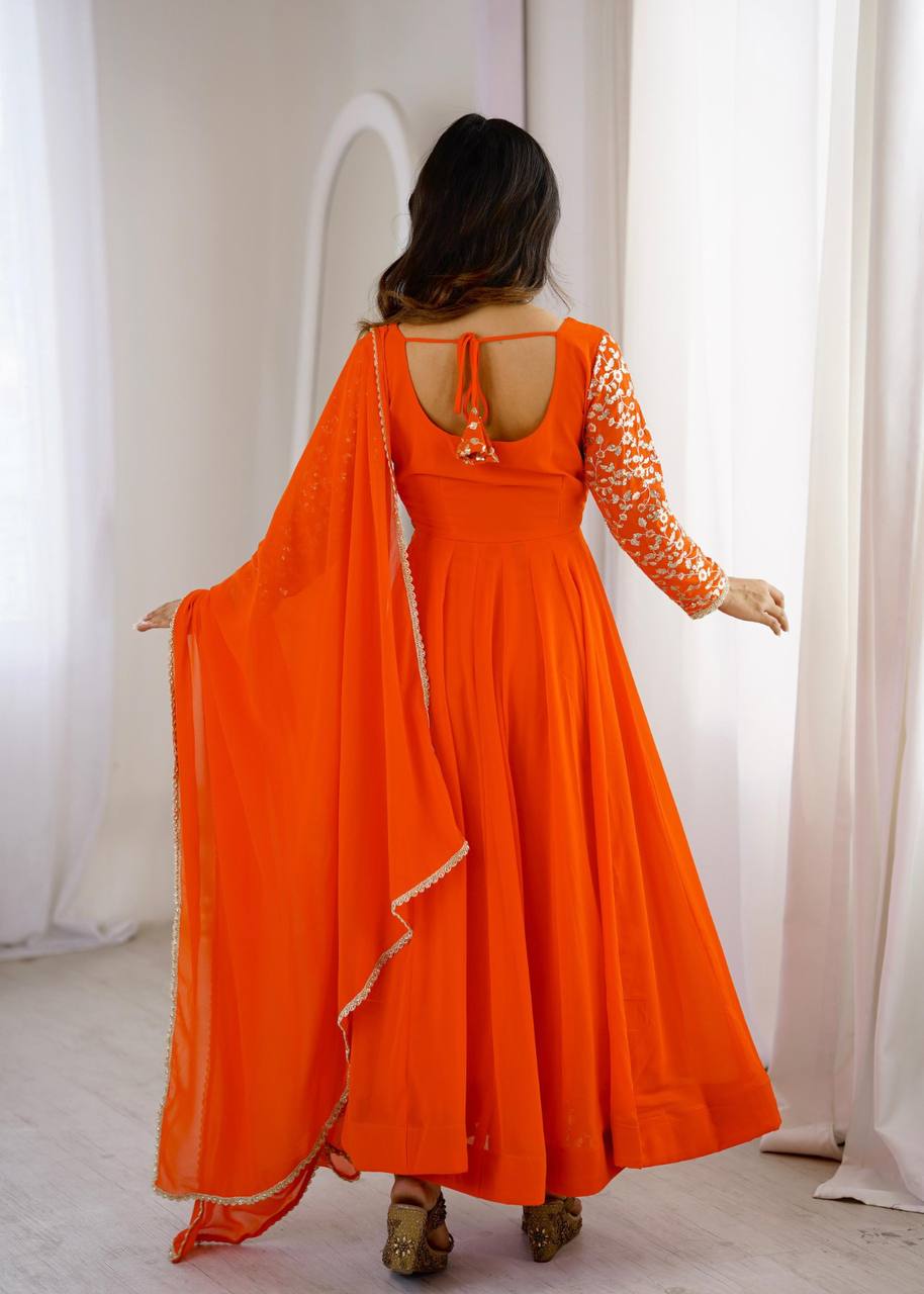 Elegant Georgette Sequins Embroidery Gown Set with Dupatta & Pants