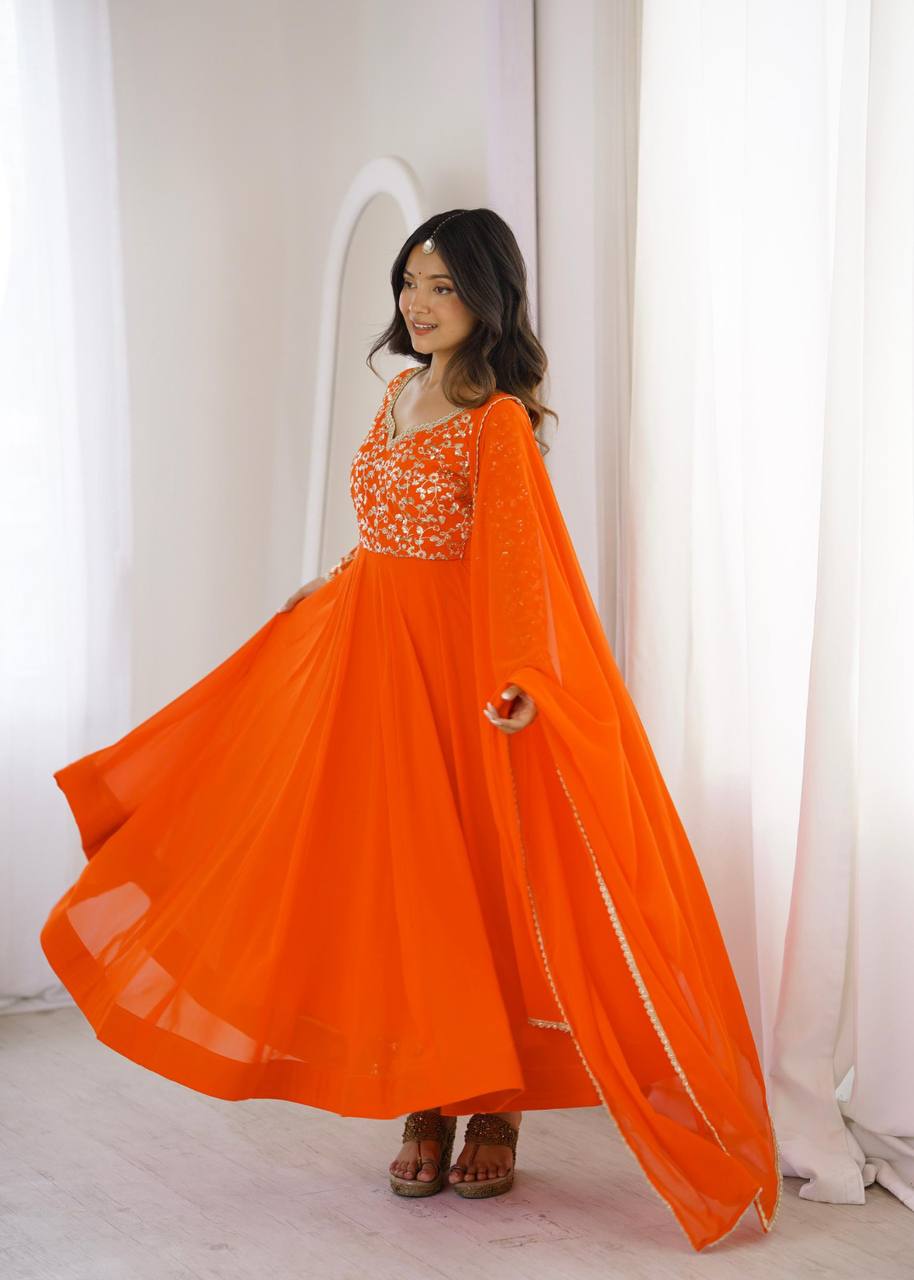 Elegant Georgette Sequins Embroidery Gown Set with Dupatta & Pants