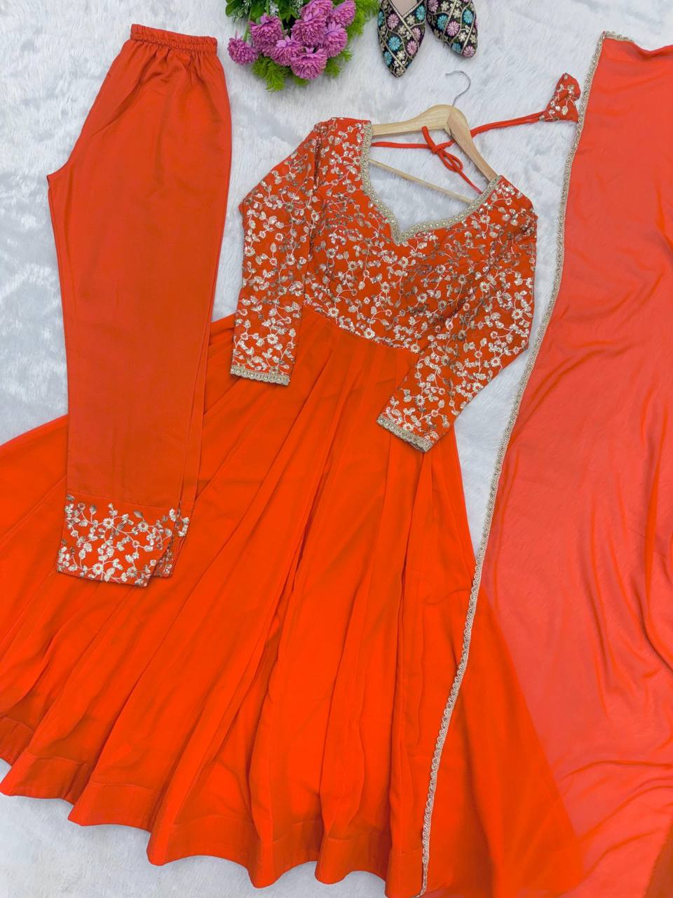 Elegant Georgette Sequins Embroidery Gown Set with Dupatta & Pants