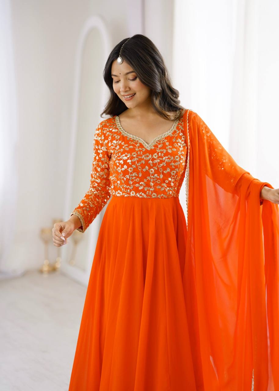 Elegant Georgette Sequins Embroidery Gown Set with Dupatta & Pants