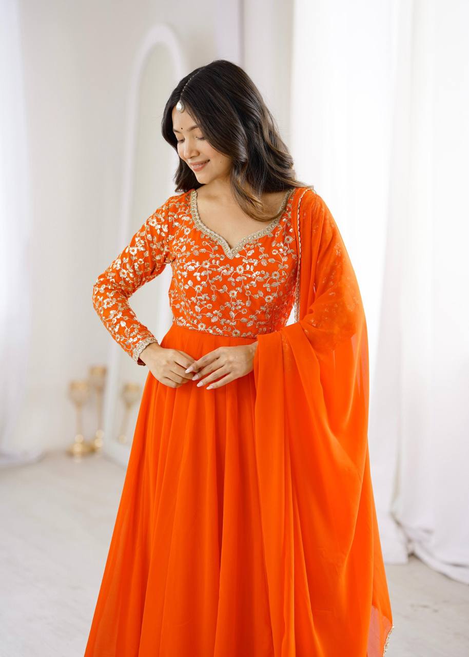 Elegant Georgette Sequins Embroidery Gown Set with Dupatta & Pants