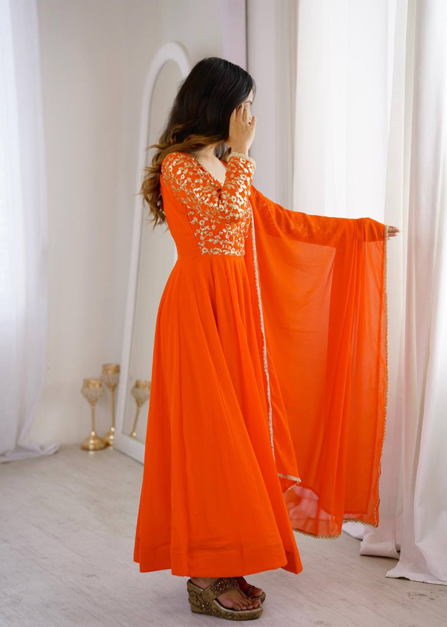 Elegant Georgette Sequins Embroidery Gown Set with Dupatta & Pants