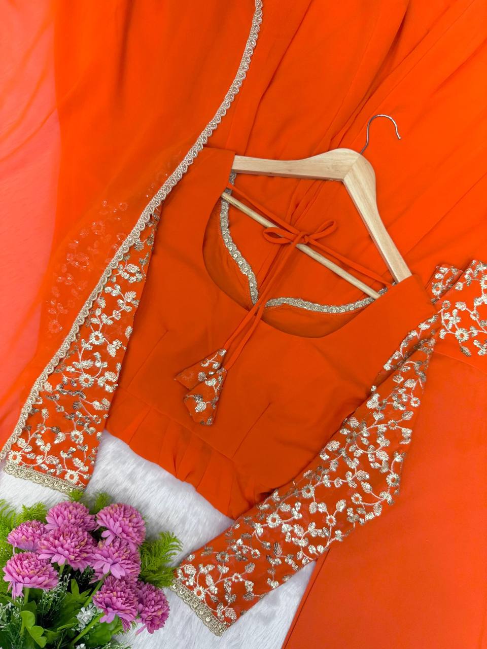 Elegant Georgette Sequins Embroidery Gown Set with Dupatta & Pants