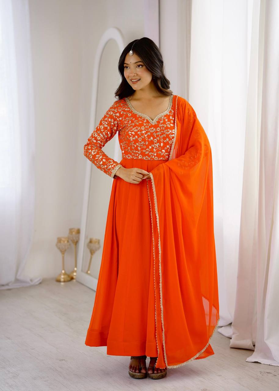 Elegant Georgette Sequins Embroidery Gown Set with Dupatta & Pants