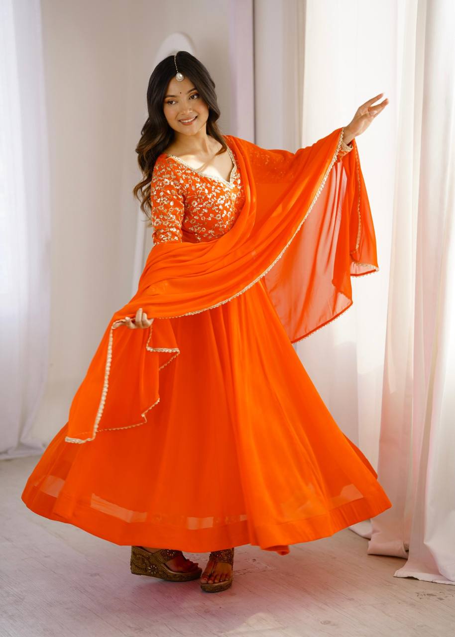 Elegant Georgette Sequins Embroidery Gown Set with Dupatta & Pants