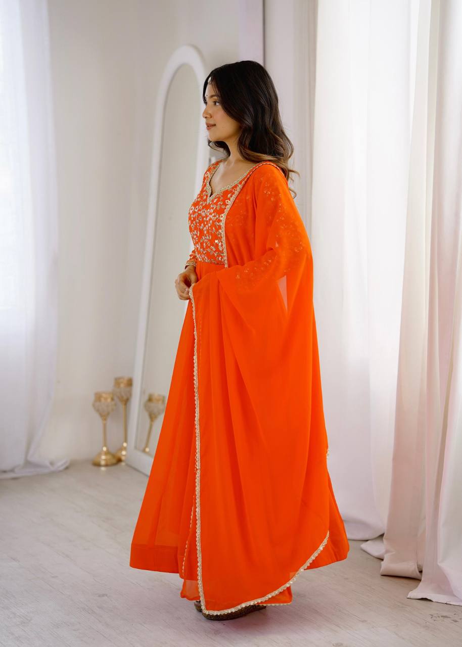 Elegant Georgette Sequins Embroidery Gown Set with Dupatta & Pants