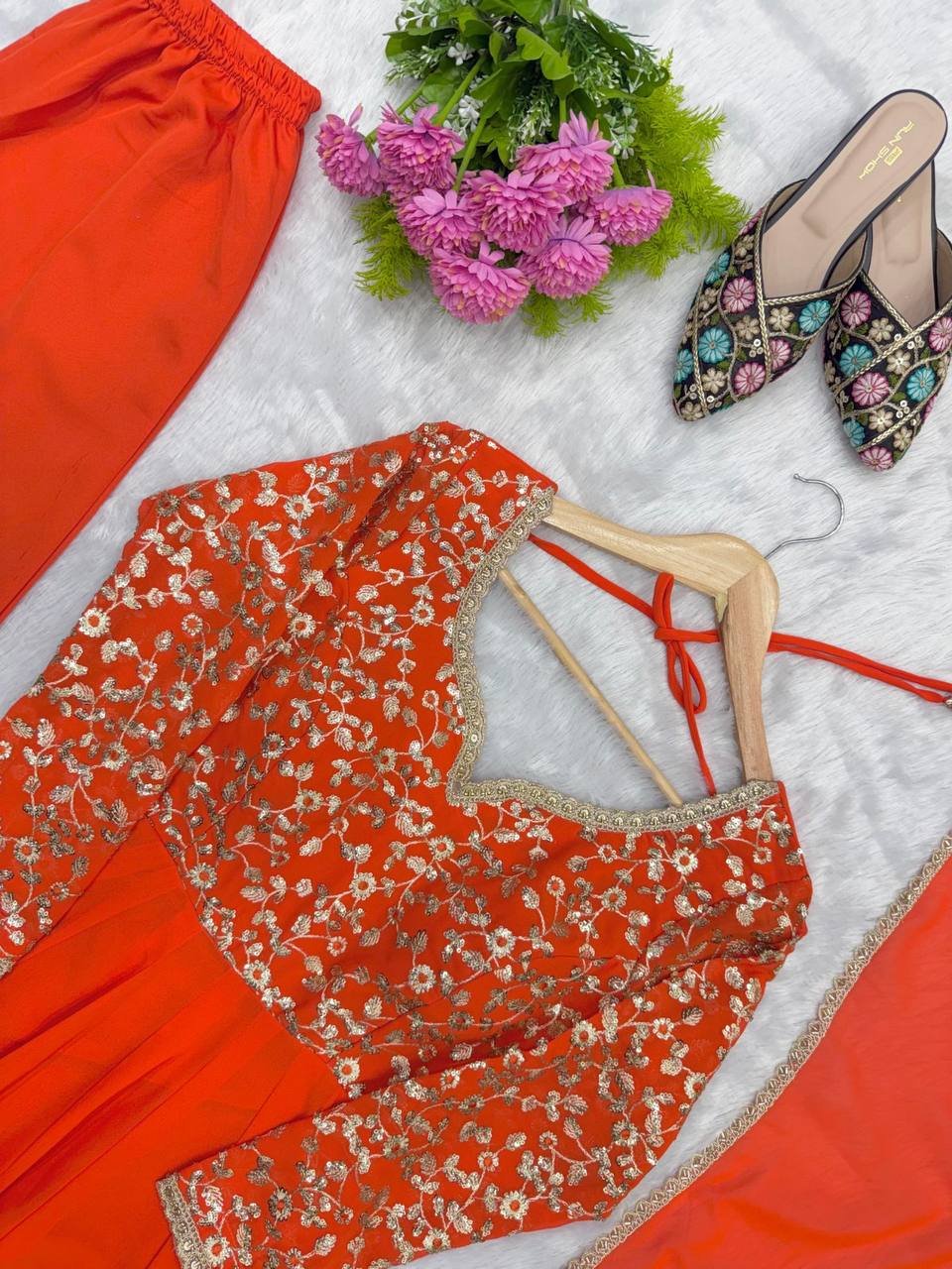 Elegant Georgette Sequins Embroidery Gown Set with Dupatta & Pants