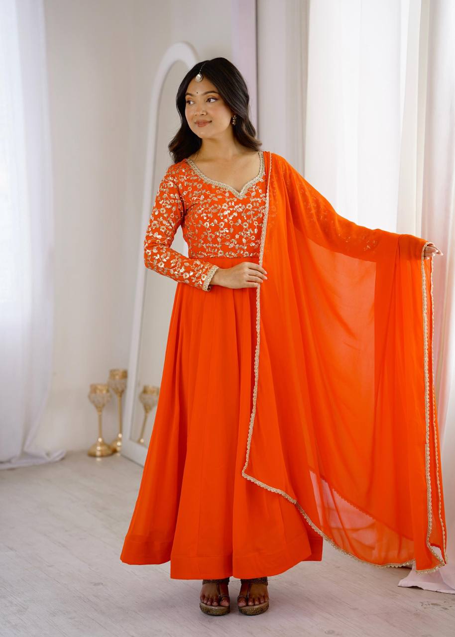 Elegant Georgette Sequins Embroidery Gown Set with Dupatta & Pants