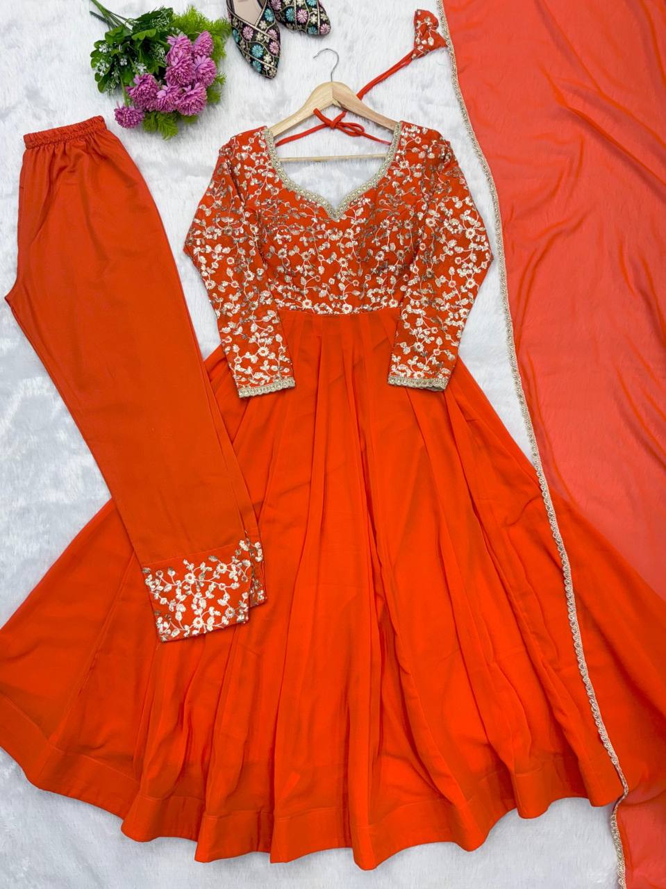 Elegant Georgette Sequins Embroidery Gown Set with Dupatta & Pants