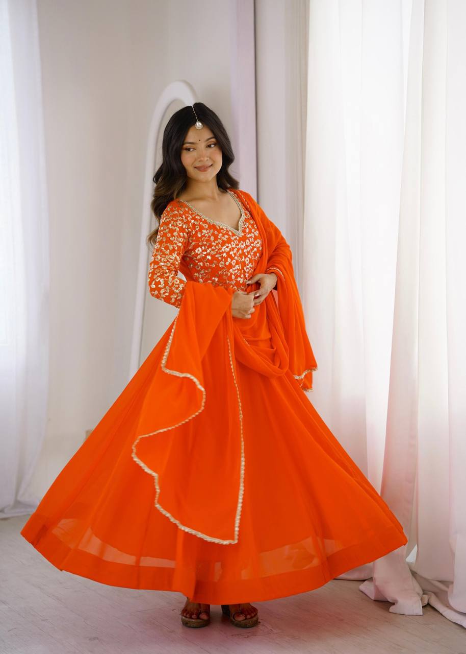 Elegant Georgette Sequins Embroidery Gown Set with Dupatta & Pants