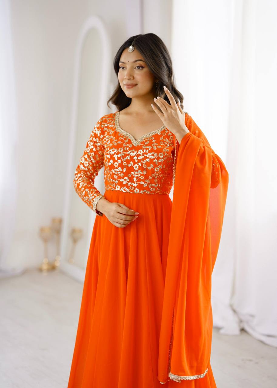 Elegant Georgette Sequins Embroidery Gown Set with Dupatta & Pants