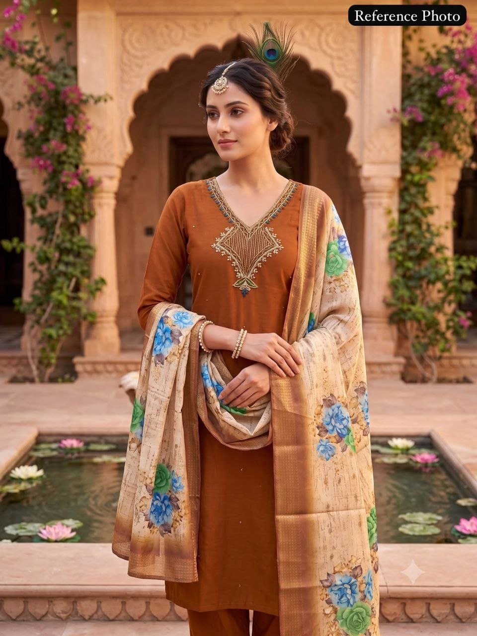 Coffee Mul Chanderi Handwork Suit with Lichi Silk Jacquard Dupatta