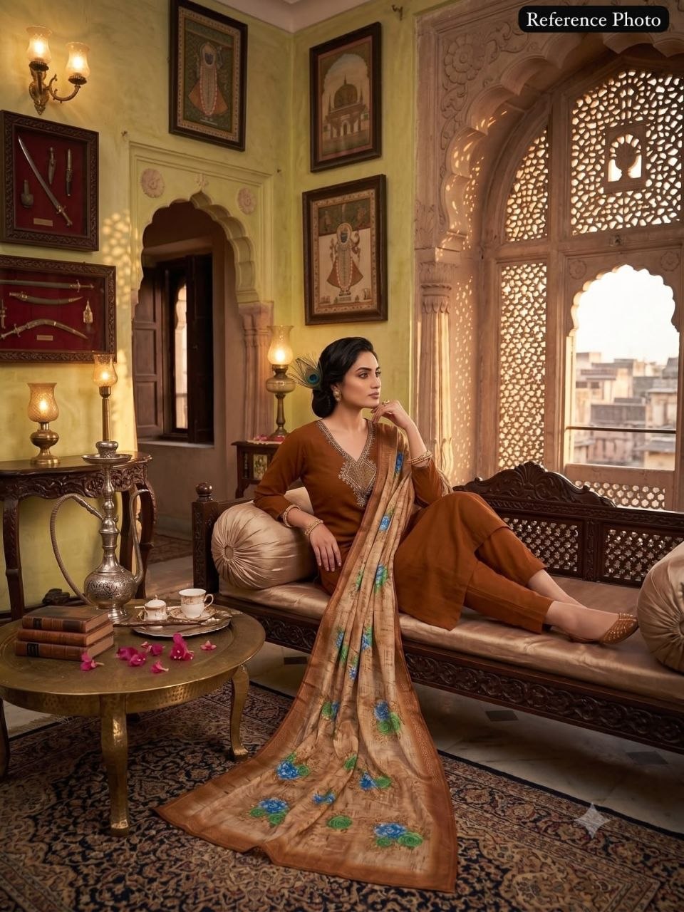 Coffee Mul Chanderi Handwork Suit with Lichi Silk Jacquard Dupatta
