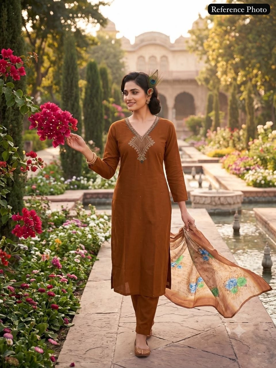 Coffee Mul Chanderi Handwork Suit with Lichi Silk Jacquard Dupatta