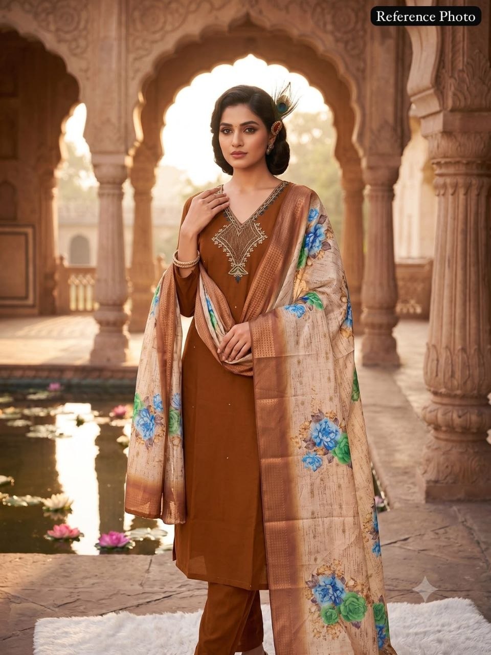 Coffee Mul Chanderi Handwork Suit with Lichi Silk Jacquard Dupatta