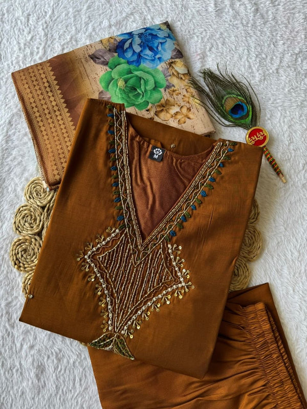 Coffee Mul Chanderi Handwork Suit with Lichi Silk Jacquard Dupatta
