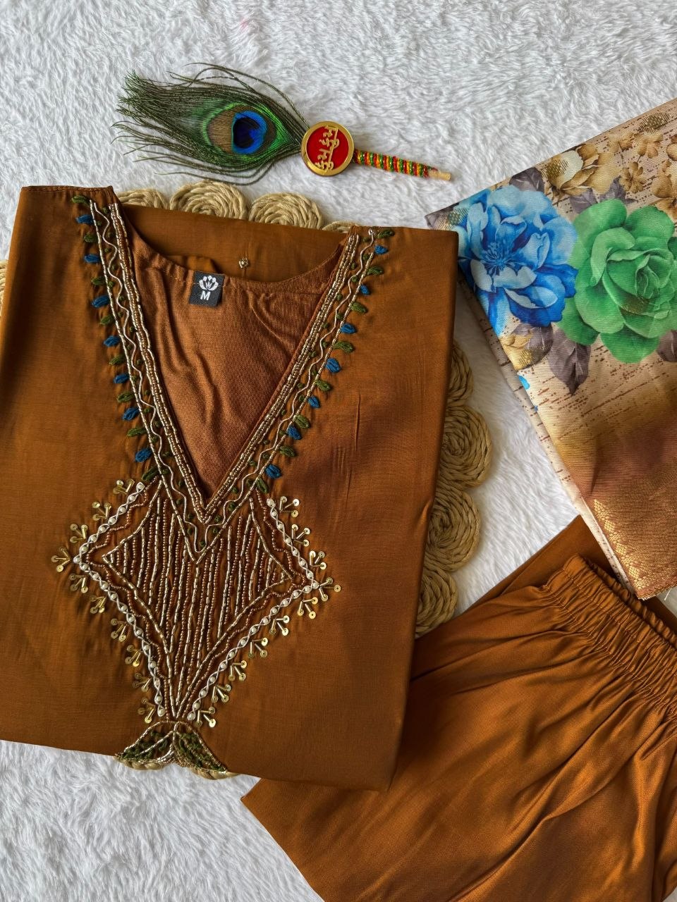Coffee Mul Chanderi Handwork Suit with Lichi Silk Jacquard Dupatta