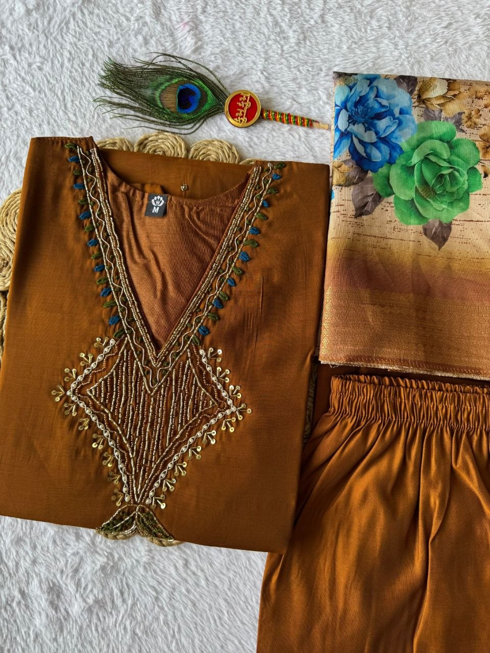 Coffee Mul Chanderi Handwork Suit with Lichi Silk Jacquard Dupatta