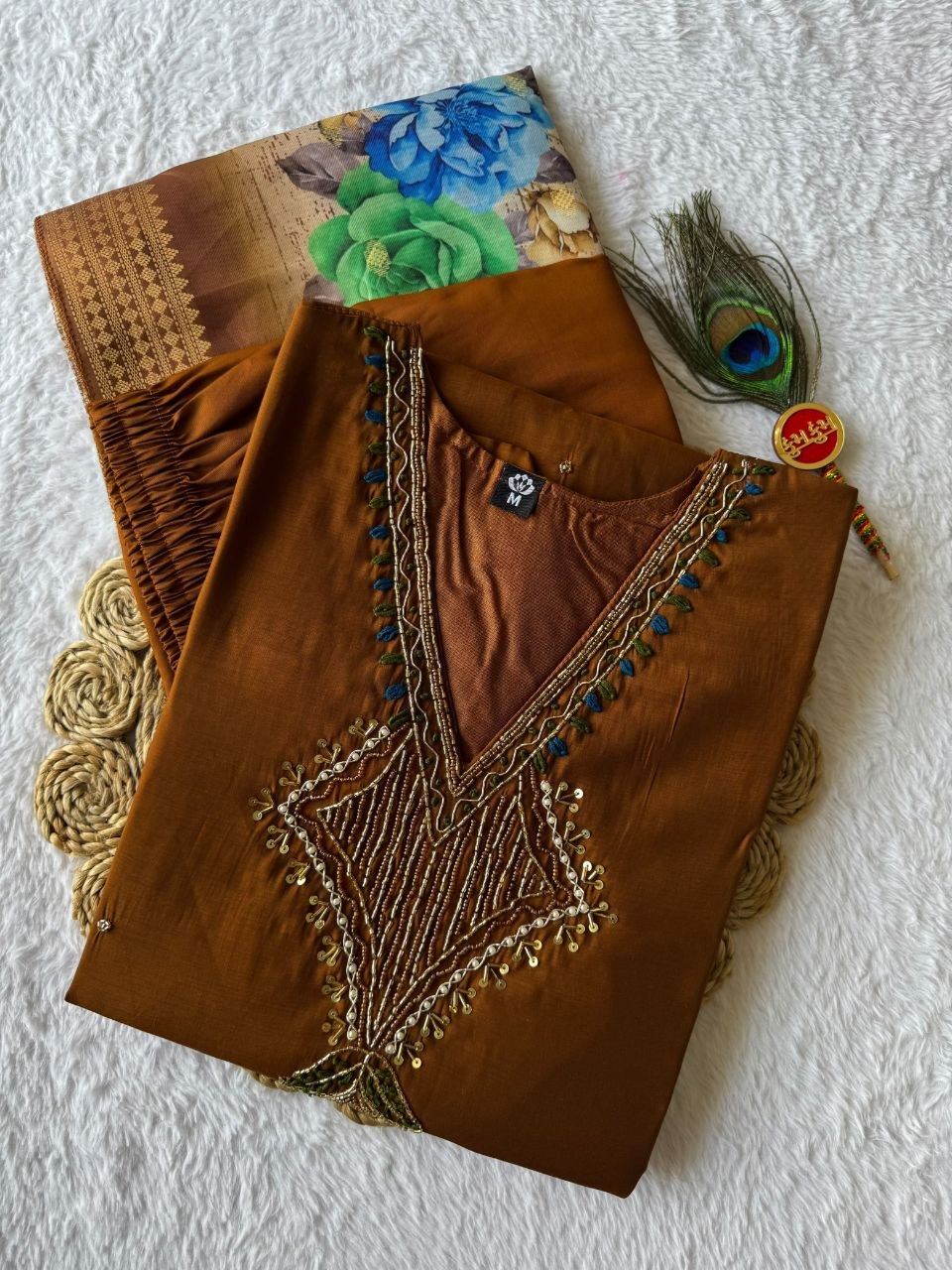 Coffee Mul Chanderi Handwork Suit with Lichi Silk Jacquard Dupatta