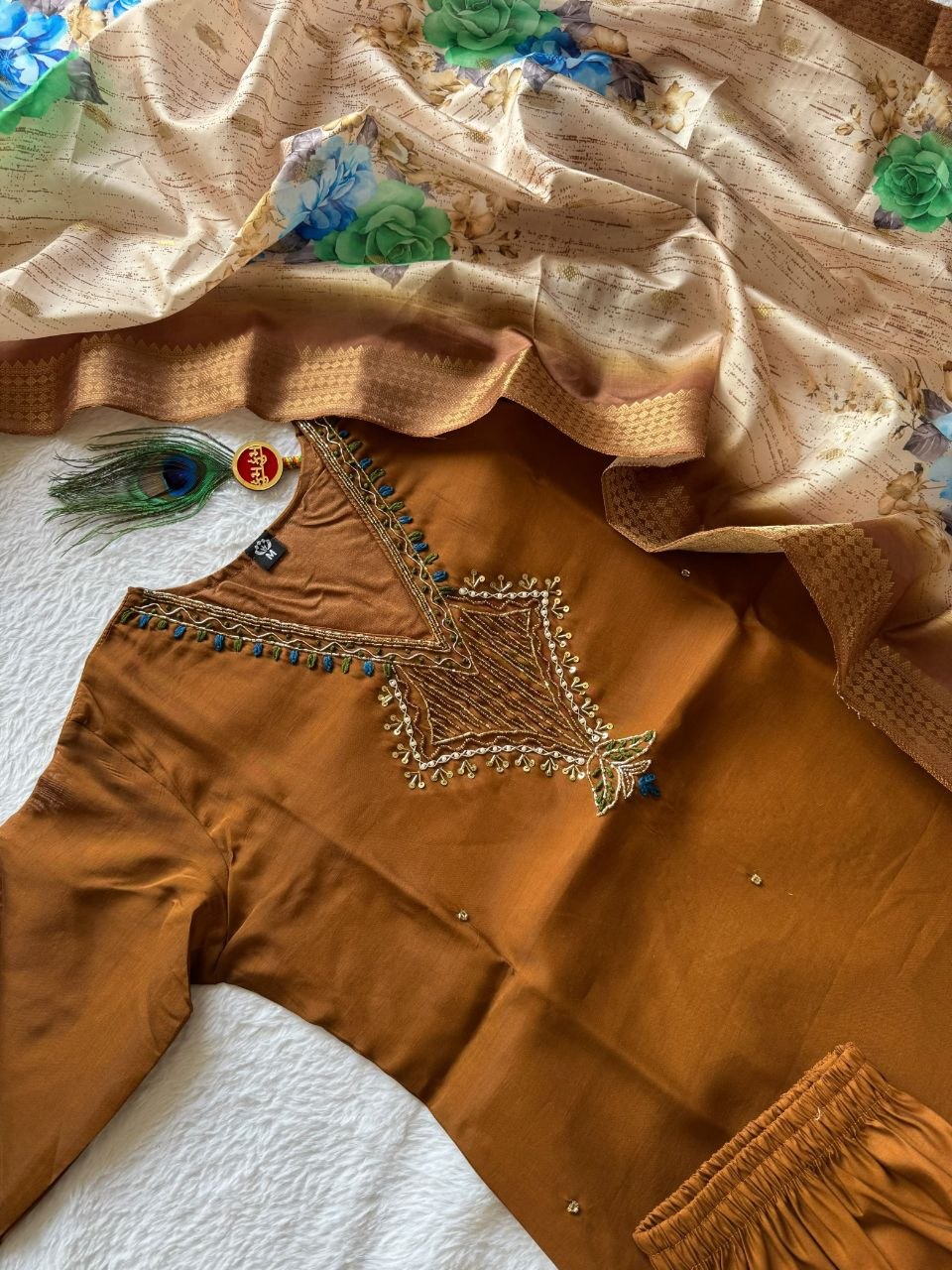 Coffee Mul Chanderi Handwork Suit with Lichi Silk Jacquard Dupatta