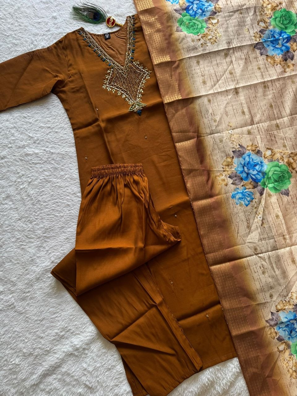 Coffee Mul Chanderi Handwork Suit with Lichi Silk Jacquard Dupatta