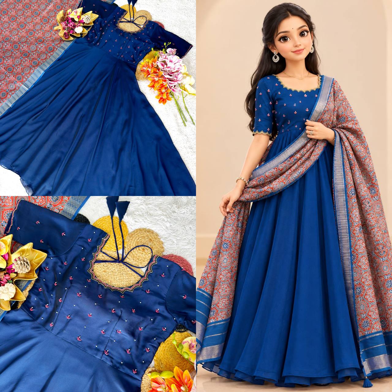 Soft Rangoli Silk Maggam Work Flared Gown Set with Kalamkari Weaving Dupatta