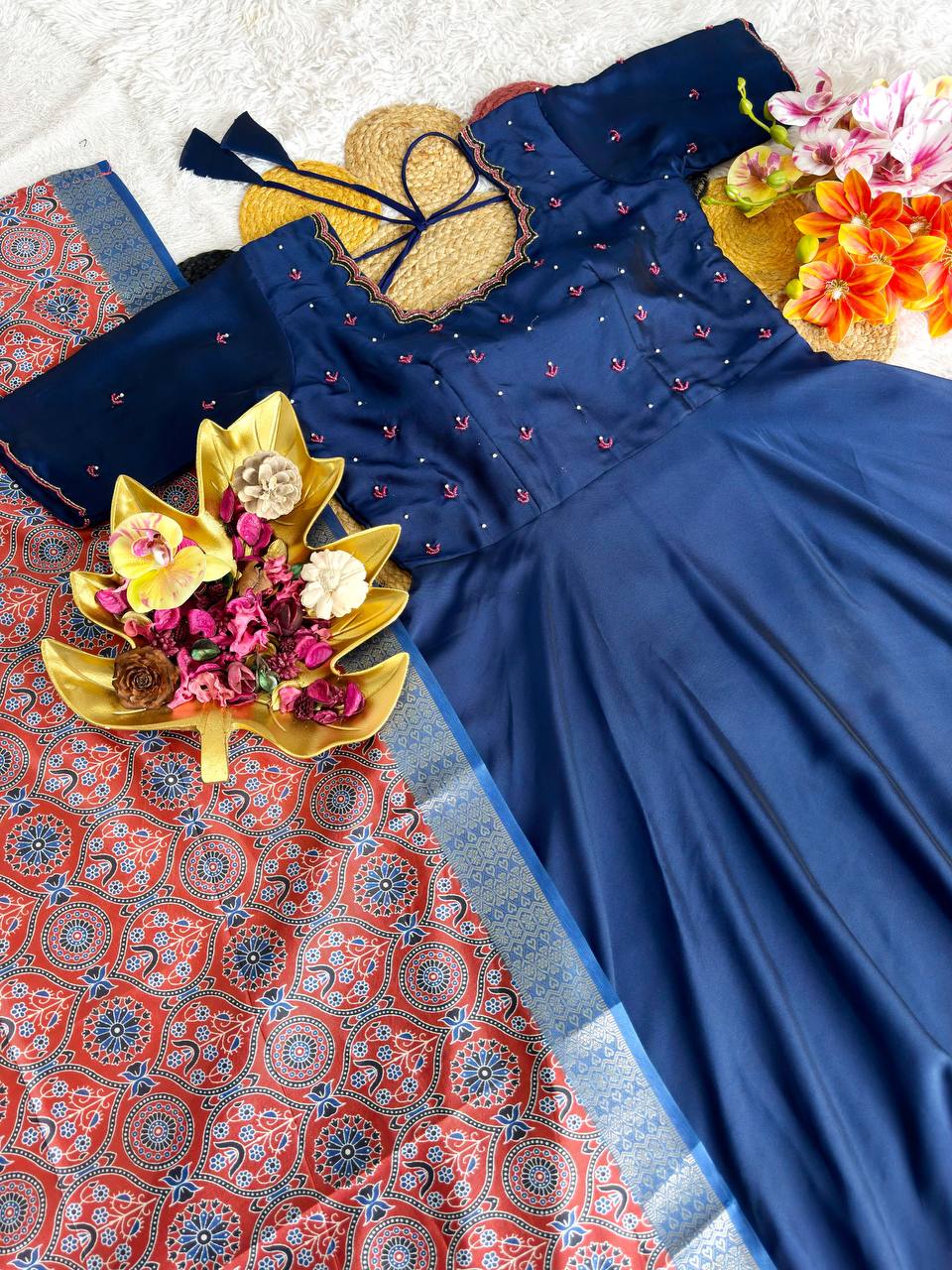 Soft Rangoli Silk Maggam Work Flared Gown Set with Kalamkari Weaving Dupatta