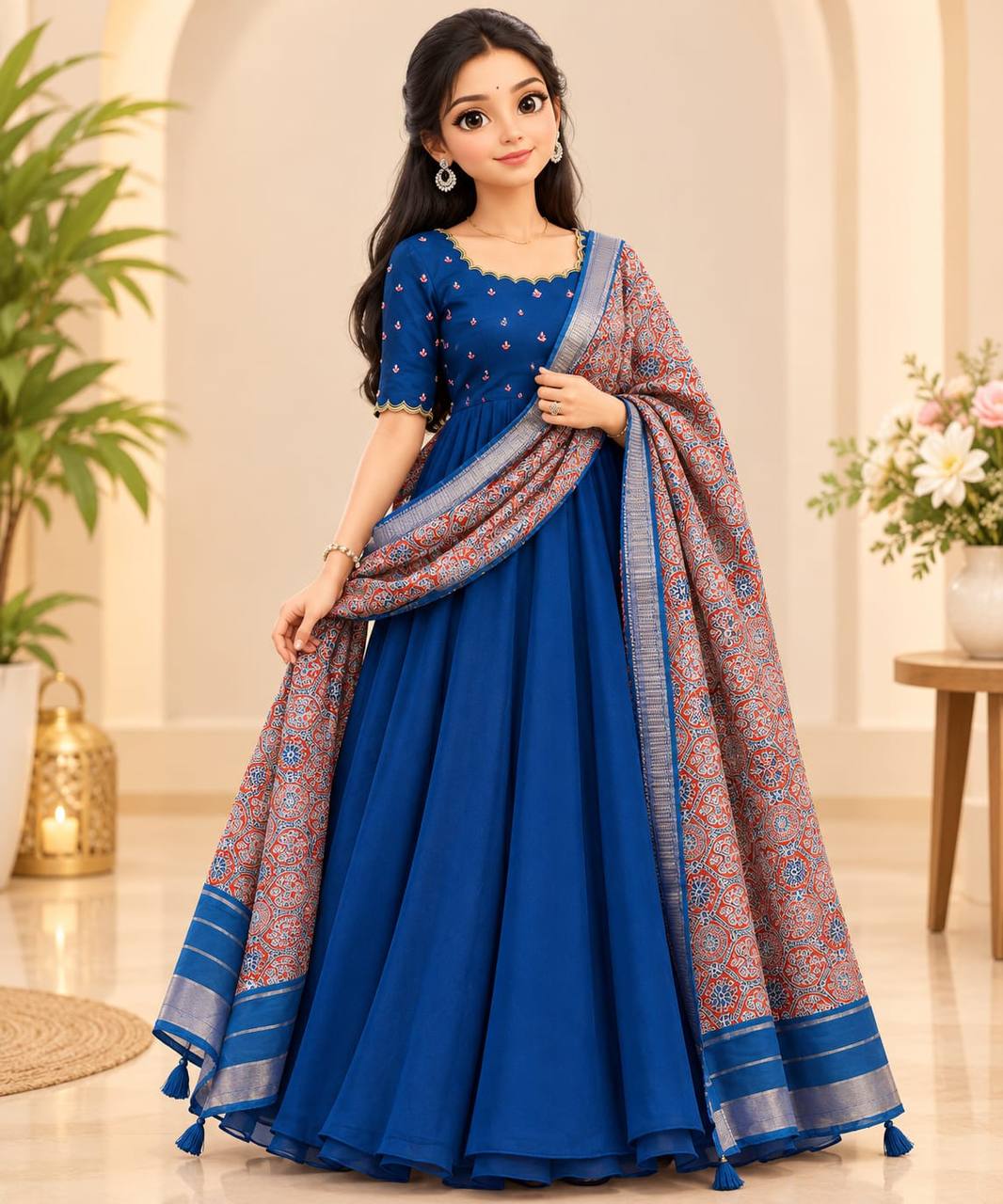 Soft Rangoli Silk Maggam Work Flared Gown Set with Kalamkari Weaving Dupatta