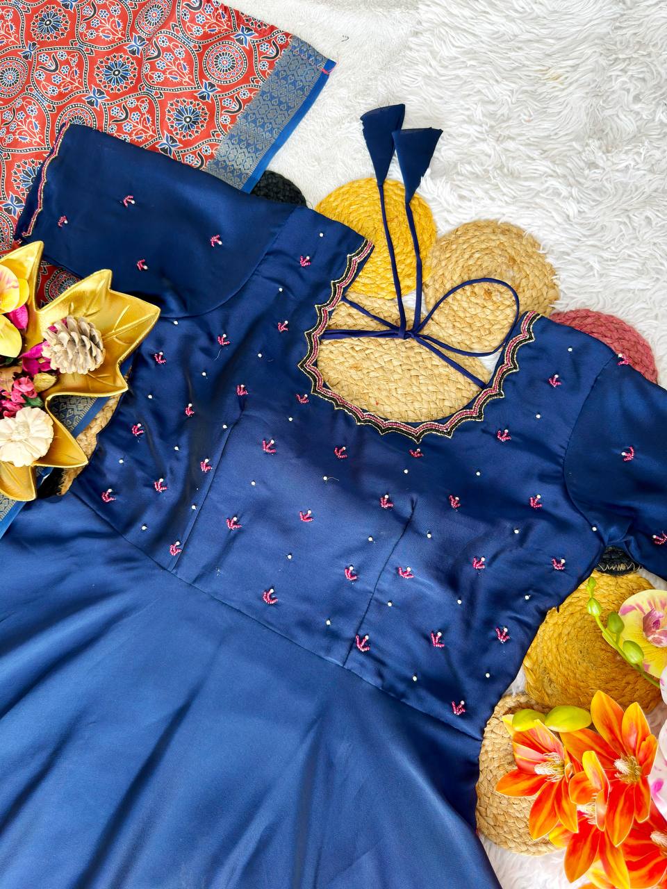 Soft Rangoli Silk Maggam Work Flared Gown Set with Kalamkari Weaving Dupatta