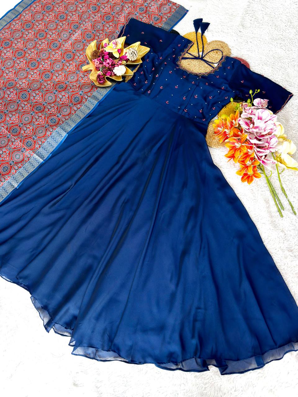 Soft Rangoli Silk Maggam Work Flared Gown Set with Kalamkari Weaving Dupatta