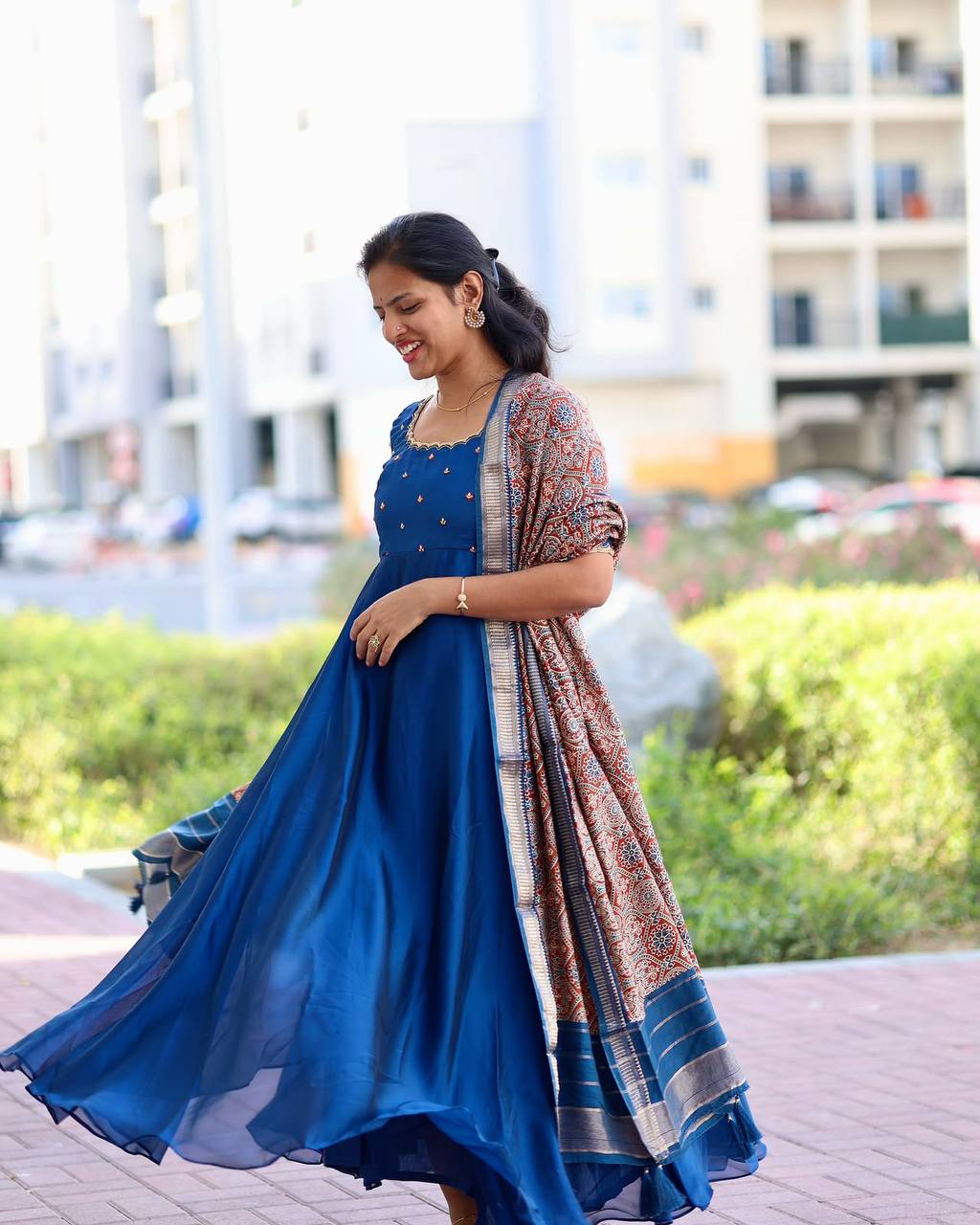 Soft Rangoli Silk Maggam Work Flared Gown Set with Kalamkari Weaving Dupatta