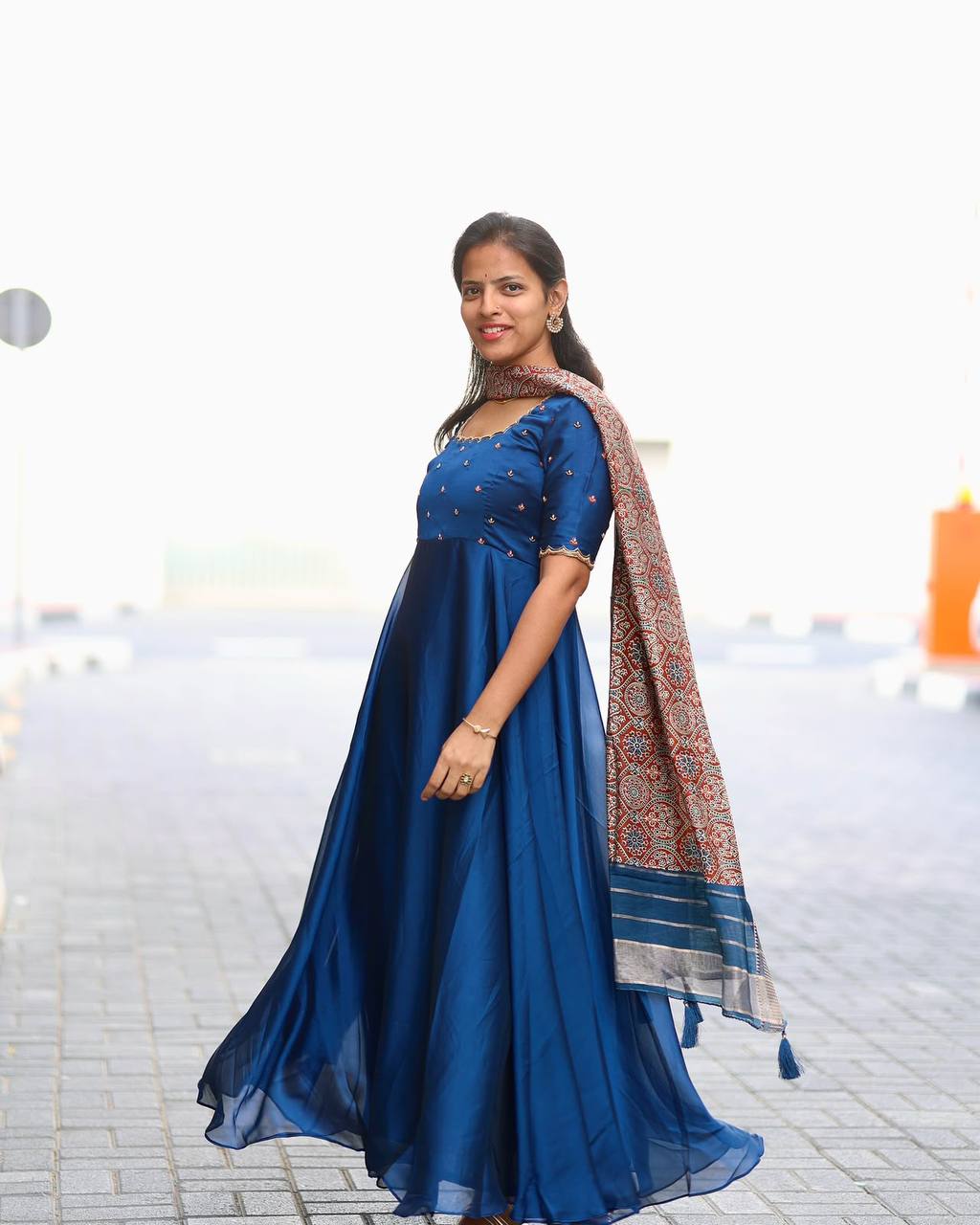 Soft Rangoli Silk Maggam Work Flared Gown Set with Kalamkari Weaving Dupatta