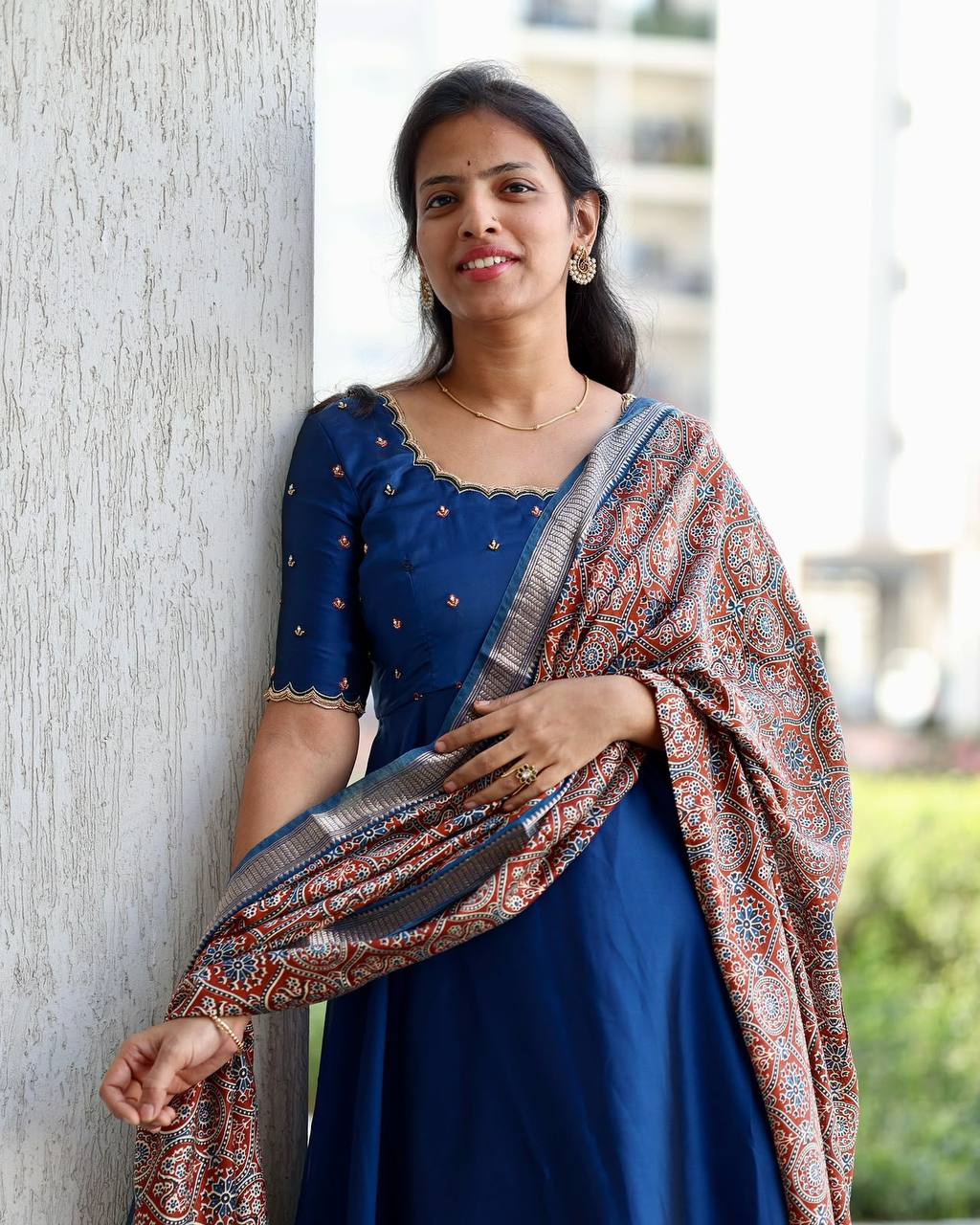 Soft Rangoli Silk Maggam Work Flared Gown Set with Kalamkari Weaving Dupatta