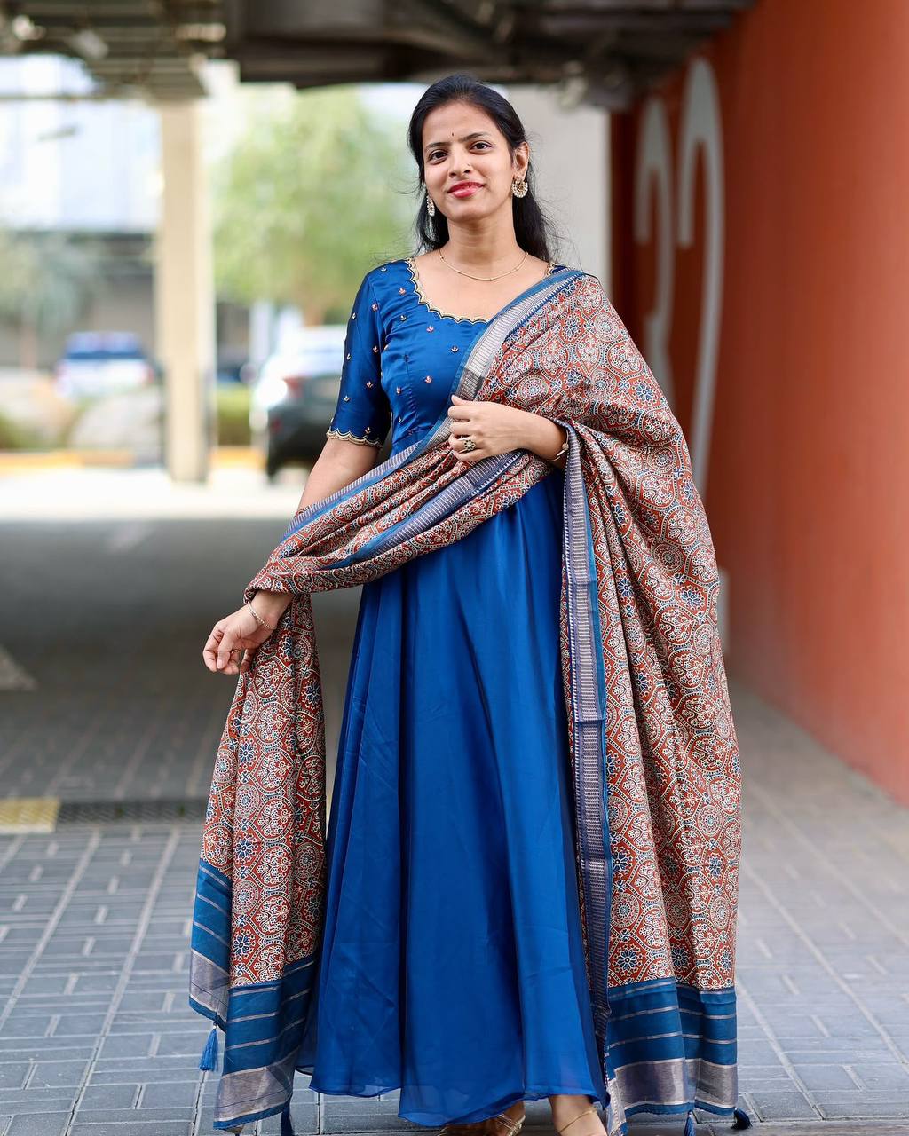 Soft Rangoli Silk Maggam Work Flared Gown Set with Kalamkari Weaving Dupatta