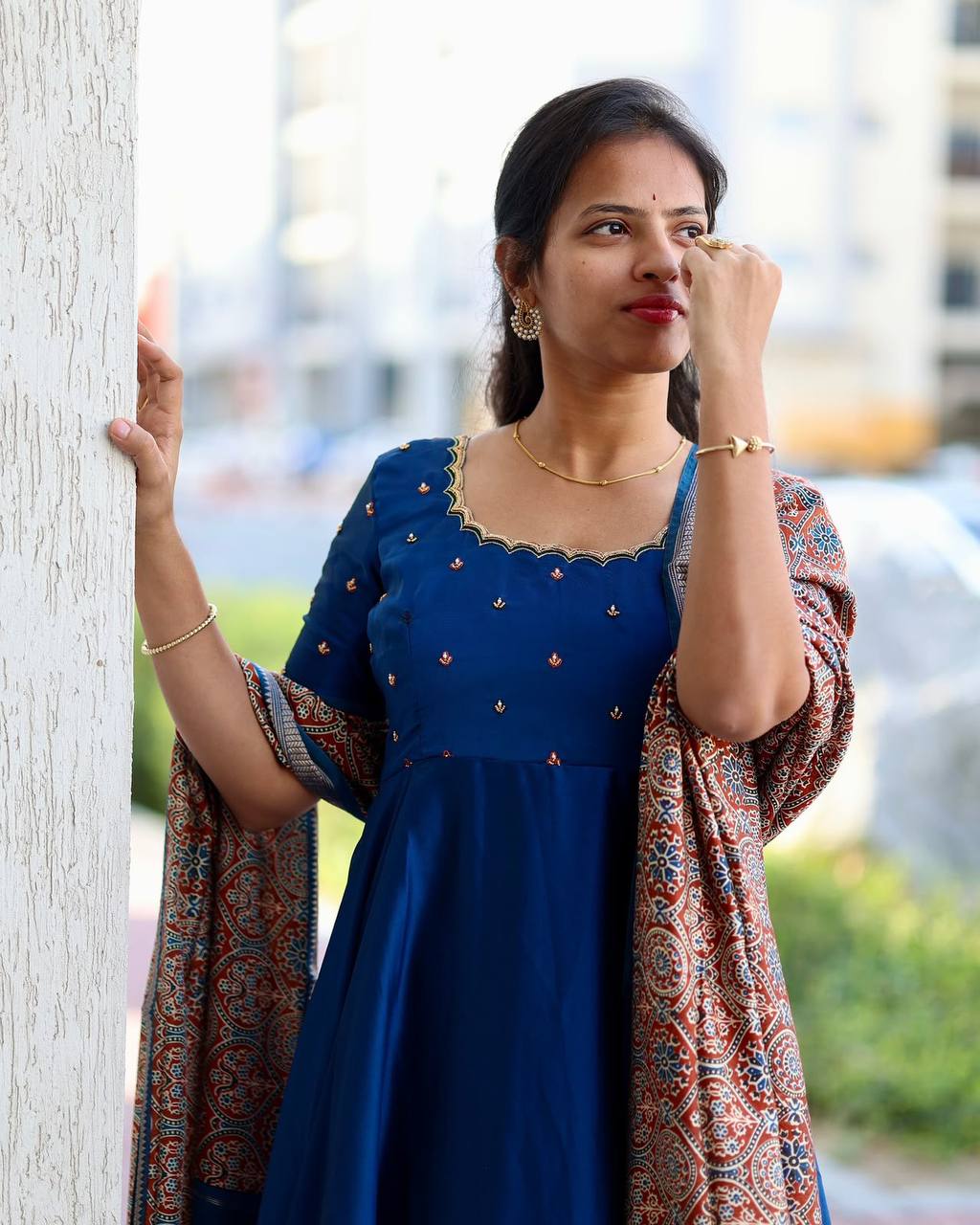 Soft Rangoli Silk Maggam Work Flared Gown Set with Kalamkari Weaving Dupatta