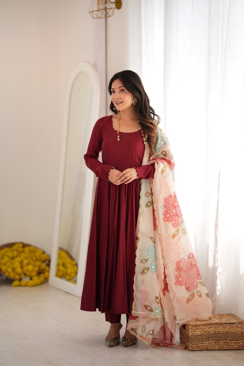 Pure Roman Silk 16-Kali Flared Anarkali Set with Position Print Organza Dupatta