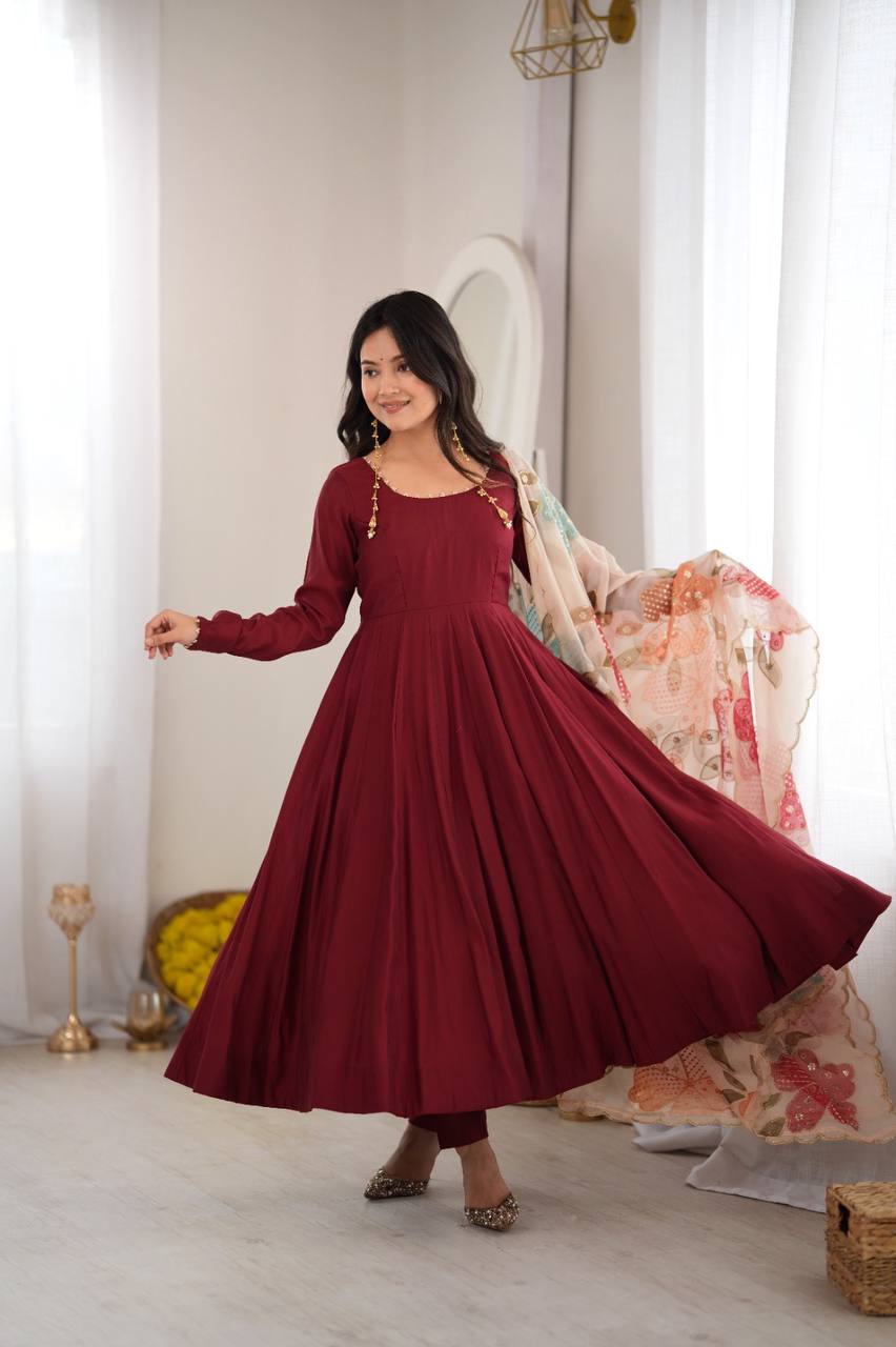 Pure Roman Silk 16-Kali Flared Anarkali Set with Position Print Organza Dupatta