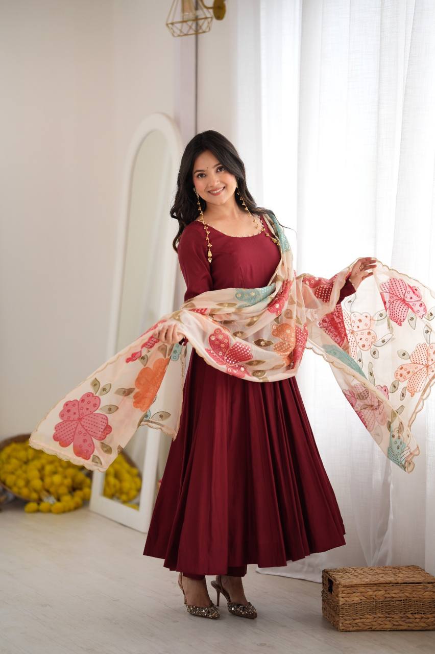Pure Roman Silk 16-Kali Flared Anarkali Set with Position Print Organza Dupatta
