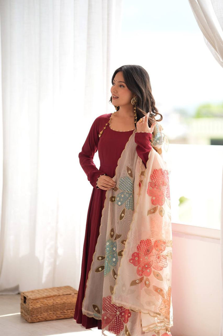 Pure Roman Silk 16-Kali Flared Anarkali Set with Position Print Organza Dupatta